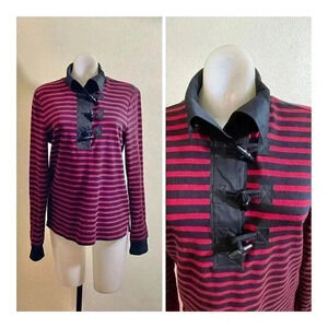 Lauren Ralph Lauren Size MP PETITE Red Black Striped Top Shirt Henley Toggles